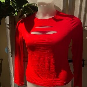 Women's Red Long-Sleeve Cutout Tee